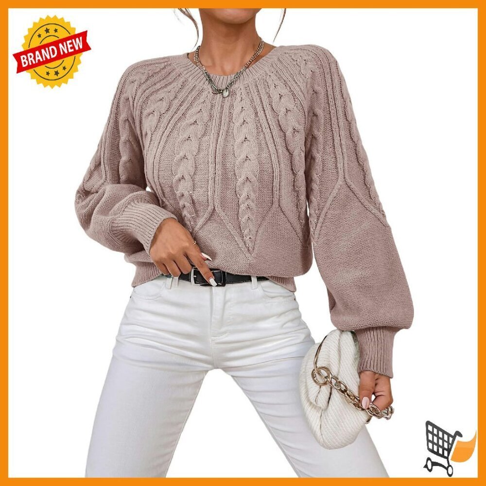 Cable Knit Chunky Sweater Crewneck Long Sleeve Lantern Sleeve